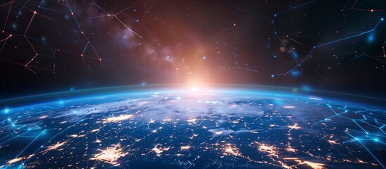 The global network connections can be seen over Earths horizon during sunrise, highlighting the advancement of technology and communication in our digital world, as viewed from outer space