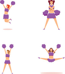 Energetic female cheerleaders performing vibrant routine with pom poms, showing enthusiasm and support for their team in a high school competition event