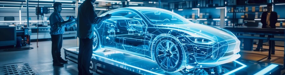 Engineers at a futuristic car workshop use modern technology to create innovative nextgen vehicles with advanced concepts and stylish designs, focusing on cuttingedge technology