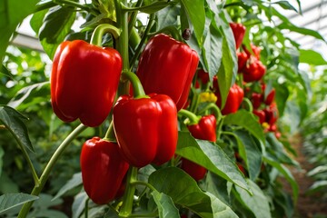 Lush greenhouse full of ripe red bell peppers and thriving plants Harvest abundance