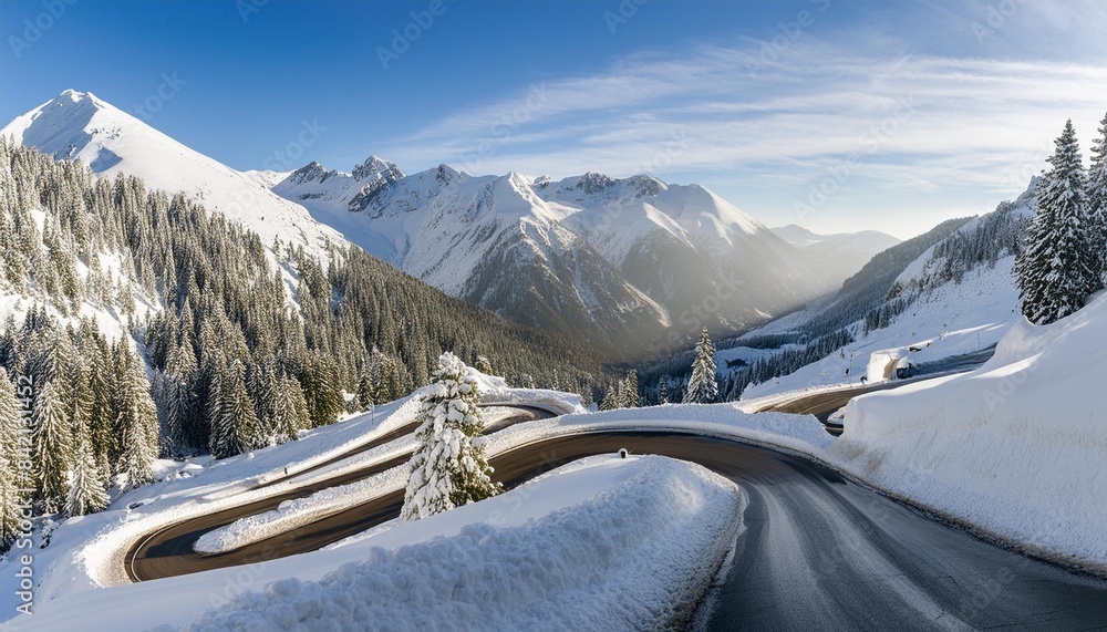 Wall mural winding road in the middle of the winter in the high mountain pass