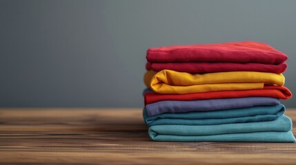 Stack of colorful folded t-shirts on wooden surface, minimalistic arrangement. Fashion and home organization concept