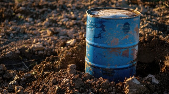 A blue barrel rests in a mound of soil