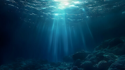 Surface of the water, in the style of light blue and silver with sunlight in the dar ocean