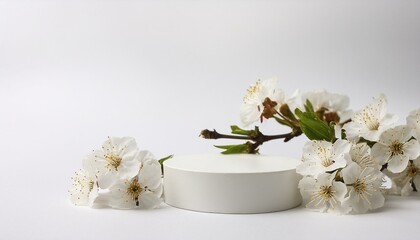 Abstract scene background. Cylinder podium with cherry flowers on a white background. Product presentation, mock-up, show cosmetic product, spa