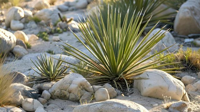 A sy spiky yucca plant reaching towards the sun surrounded by rocks and sand.