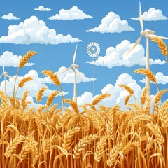 Obraz premium Golden Wheat Field with Blue Sky, White Clouds, and Wind Turbines for Sustainable Energy in Countryside Landscape Scene