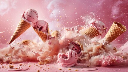 Sweet Chaos Ice Cream Scoop Spills onto Crispy Waffle Cones in Mouthwatering Mess