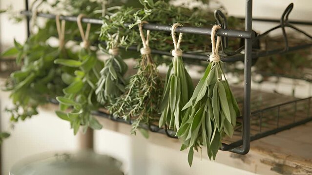 An elegant wrought iron herb drying rack adorned with hanging bunches of dried sage thyme and tarragon.