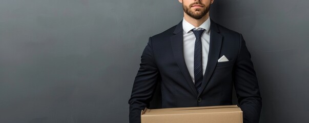 A man in a suit holding a cardboard box. Concept of professionalism and formality, as the man is dressed in a suit and tie while holding the box. The box itself could be a delivery or a package