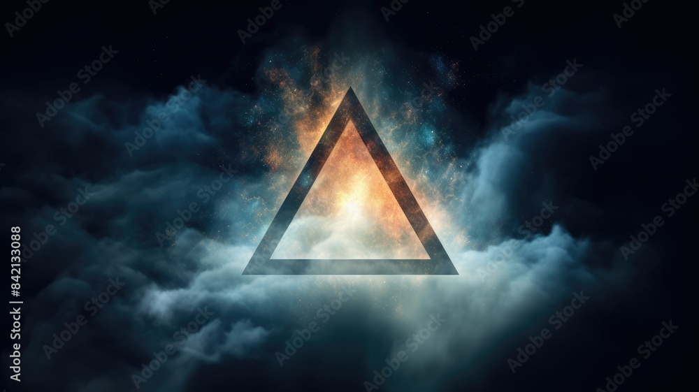 Poster a triangle portal with clouds and cosmic backdrop. surreal digital art concept for mystery, fantasy,
