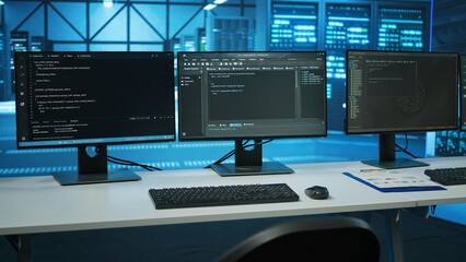 Naklejka premium Lines of code running on computer screens in data center, used for troubleshooting rackmounts in server rows. Close up shot of script working on PC monitors upgrading hardware