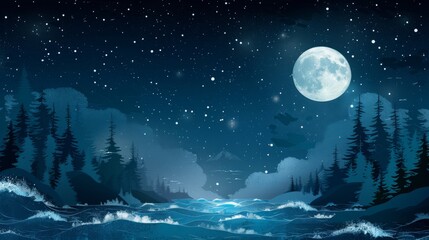 Naklejka premium Enchanting Night Landscape: Full Moon Illuminates Starry Sky Over Serene Forests and Rolling Waves in a Dreamlike Scene