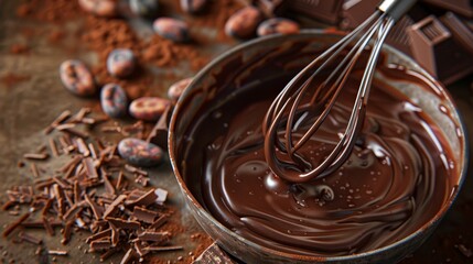 Decadent Delights Whisk Dipping into Luscious Dark Chocolate with Cocoa Beans and Shavings Indulgent Gourmet Dessert Concept