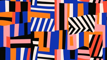 Vibrant geometric pattern with bold stripes and shapes in blue, orange, black, and pink tones. Modern and artistic seamless pattern concept.