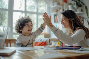 A mother and son share a close bond at home, celebrating their strong relationship through warm and joyful moments with loving gestures. They enjoy coziness, happiness, and togetherness