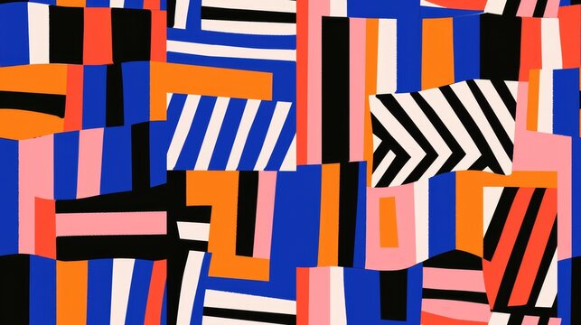 Vibrant geometric pattern with bold stripes and shapes in blue, orange, black, and pink tones. Modern and artistic seamless pattern concept.
