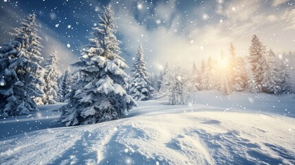 Obraz premium Snow-covered trees and falling snowflakes in a peaceful winter forest. Serene and magical winter wonderland concept.