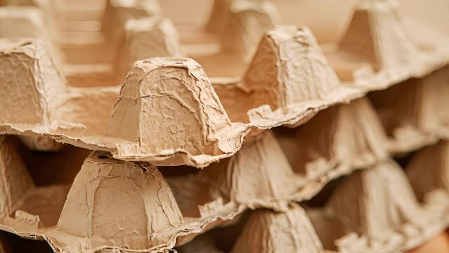 A pile of empty egg cartons demonstrating the use of recyclable packaging in the food industry.