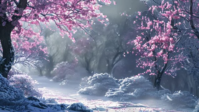 In a secluded forest the snowy petals of everblooming Plum trees create a serene and mystical atmosphere as if a blossom blizzard has frozen in time.