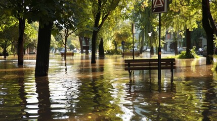 Obraz premium Flooded park with empty benches partially submerged in water under the shade of green trees, creating a calm yet melancholic atmosphere.