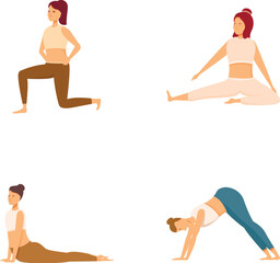 Colorful illustration of a woman performing four different yoga poses for wellness and fitness