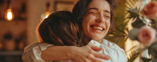 A joyful embrace between a young woman and an older woman, expressing warmth and happiness.