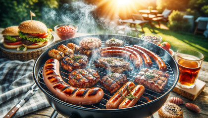 Delicious assorted grilled meat and sausages, burgers with smoke and flame outdoors in the park in summer