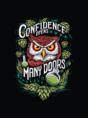 A captivating craft beer logo featuring an owl with glowing eyes surrounded by vivid hops and barley set against a black background