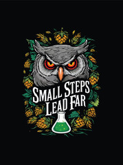 A captivating craft beer logo featuring an owl with glowing eyes surrounded by vivid hops and barley set against a black background