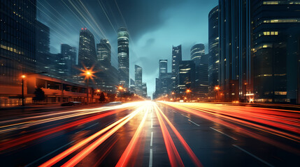 Fototapeta premium Dynamic cityscape at night with skyscrapers and light trails on the street