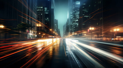 Dynamic cityscape at night with skyscrapers and light trails on the street