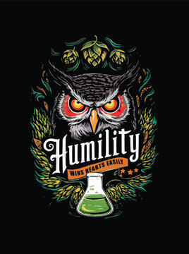 A captivating craft beer logo featuring an owl with glowing eyes surrounded by vivid hops and barley set against a black background