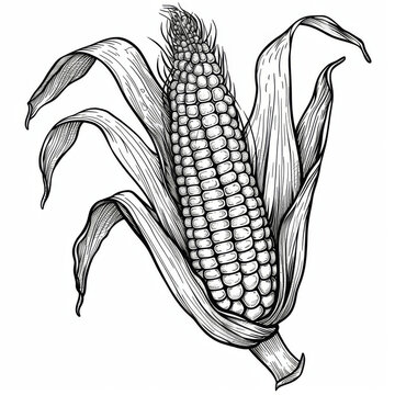recommend clip art: Black and white detailed drawing of a corn on the cob with its husk partially peeled back.