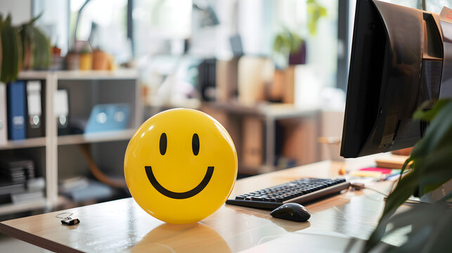 smiley yellow face in a work office, bussiness happiness concept