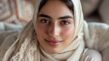 Fototapeta premium Young Arab woman smiling on a couch