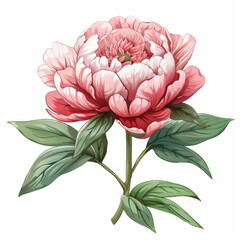 Detailed botanical illustration of a blooming pink peony with lush green leaves on a white background.