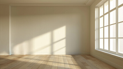 Beige room in a home, empty, no furniture with window and light coming in for product presentation and mockups