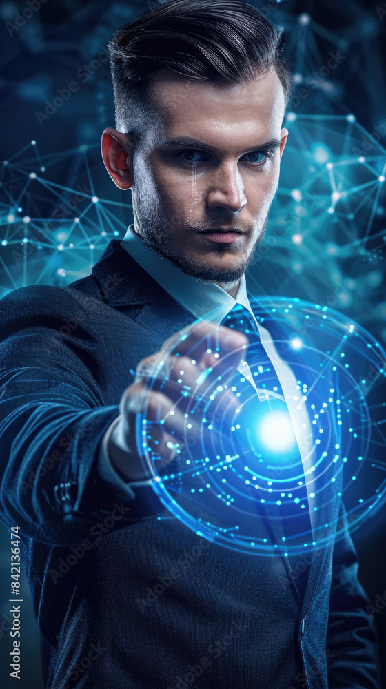 Poster a man in a suit reaches towards a glowing digital interface, a network of lines and points illuminat