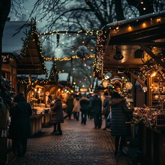 Naklejka premium Cozy Christmas market with twinkling lights and festive decorations.
