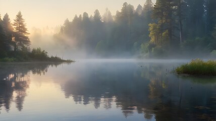 a serene lake at dawn with mist rising