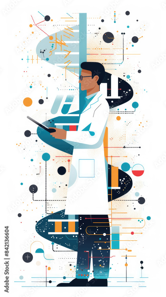 Poster a scientist examines data on a tablet in front of a double helix pattern. the illustration uses bold