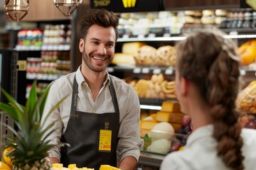 Smiling male clerk in a grocery store helping a female customer. Image depicts friendly service and customer interaction.