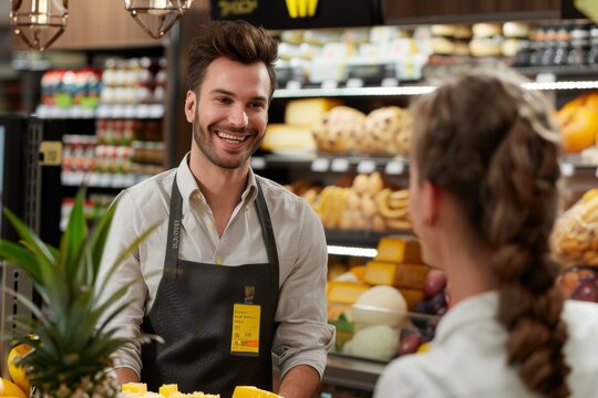 Smiling male clerk in a grocery store helping a female customer. Image depicts friendly service and customer interaction.