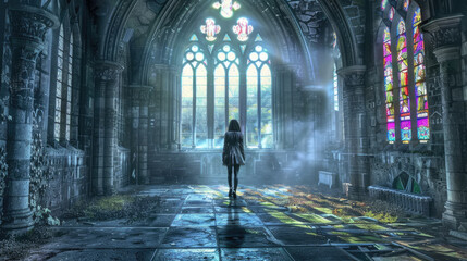Obraz premium A woman stands alone in the middle of a decaying gothic church, bathed in light streaming through large stained glass windows
