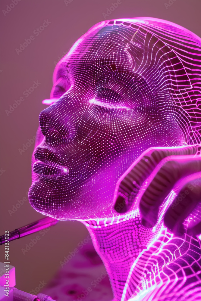 Poster a close-up shot of a womans face illuminated by a pink light grid, creating a futuristic and etherea