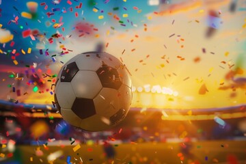 Fototapeta premium A soccer ball floats in the air surrounded by confetti in a stadium during a golden sunset