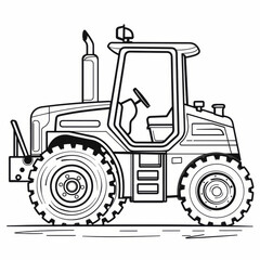 Naklejka premium Black and white cartoon drawing of an agricultural tractor with large wheels and a detailed cabin, used in farming.