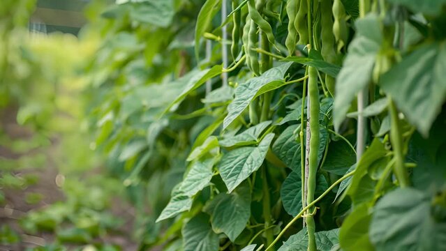 Lush green beans climbing trellises in a welltended organic farm field.