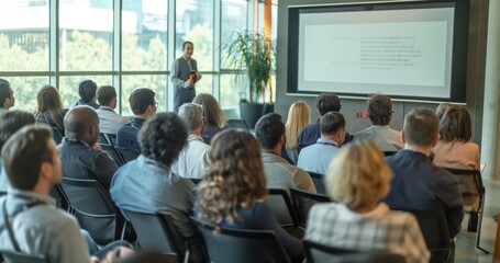 A professional event The presenter engages an attentive audience in a modern conference room flooded with natural light. The session focuses on business topics in a corporate setting